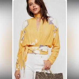 Free People Key Hole Blouse | Graphic Floral Tie Waist Draped Blouse in Medium